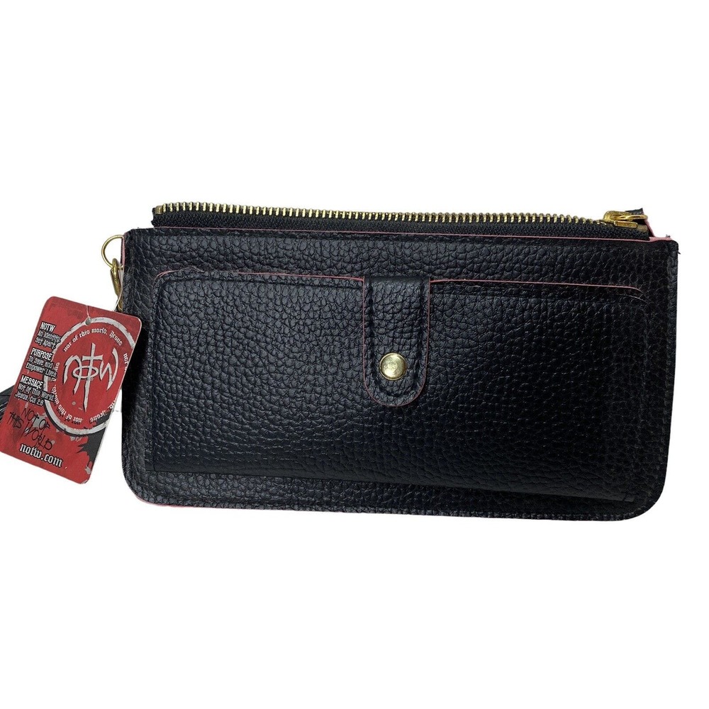 Not Of This World (NOTW) Black Pink Piping Zip Closure Wristlet Womens Clutch
